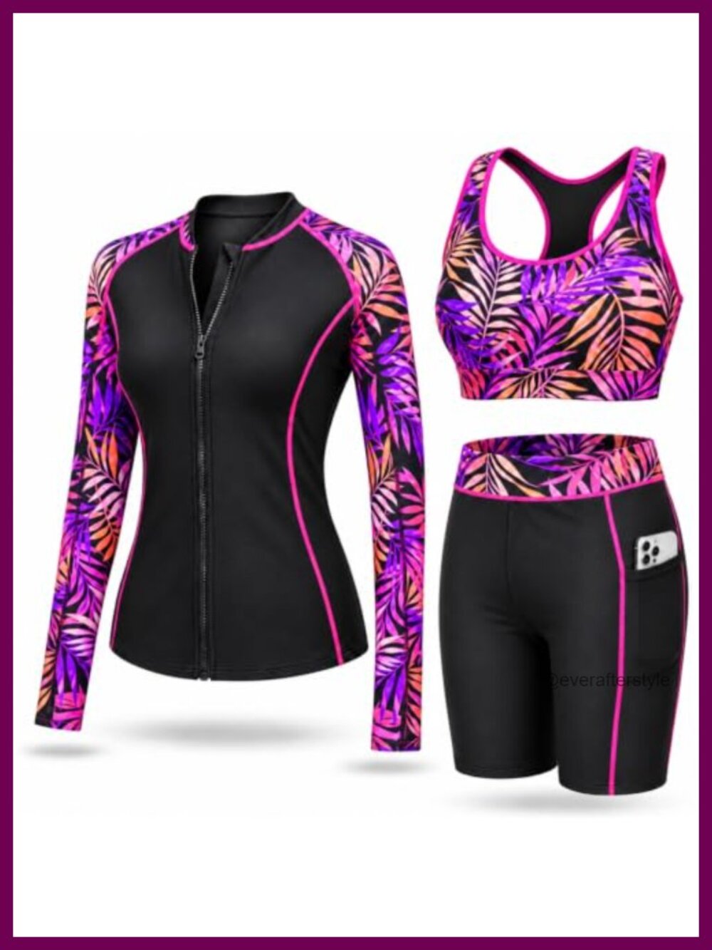 Daci Women 3 Piece Rash Guard Swimsuit Long Sleeve Zip Top & Shorts Set